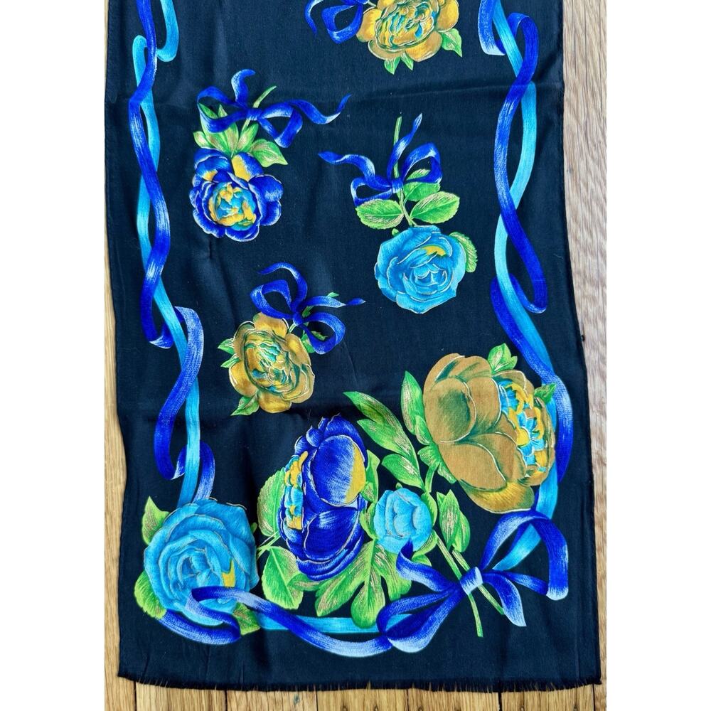 Oscar de la Renta Floral Scarf Oblong Blue Rose Ribbon Vintage Gold Metallic